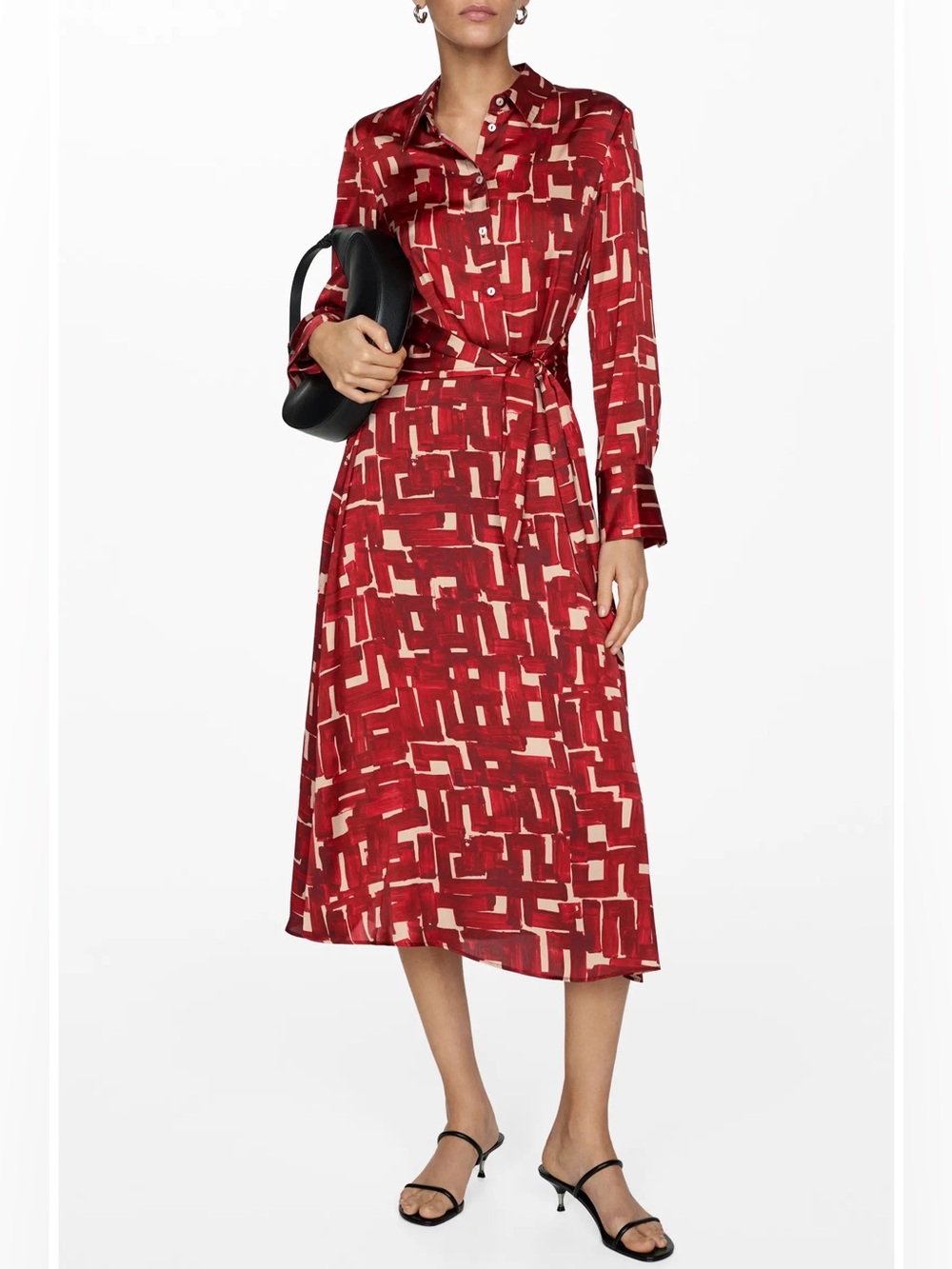 Mango Red And Tan Geo Print Tie Waist Long Sleeve Midi Shirtdress
